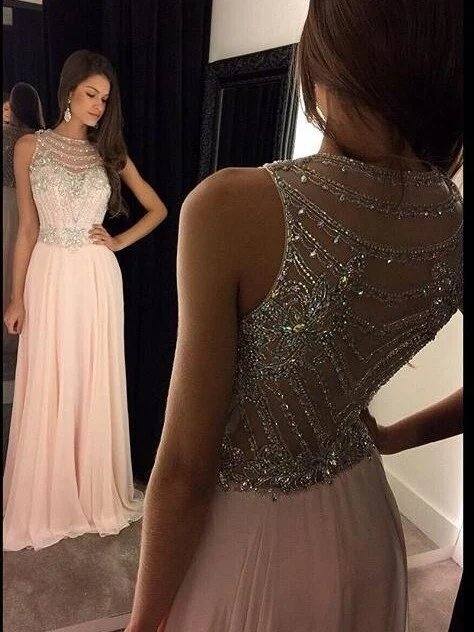 A-Line/Princess Scoop Sleeveless Chiffon Crystal Floor-Length Dresses - RongMoon