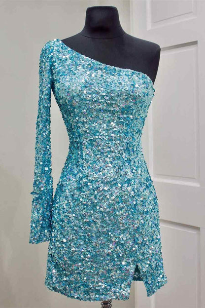 One Shoulder Sequined Homecoming Dress Hot Pink Long Sleeve