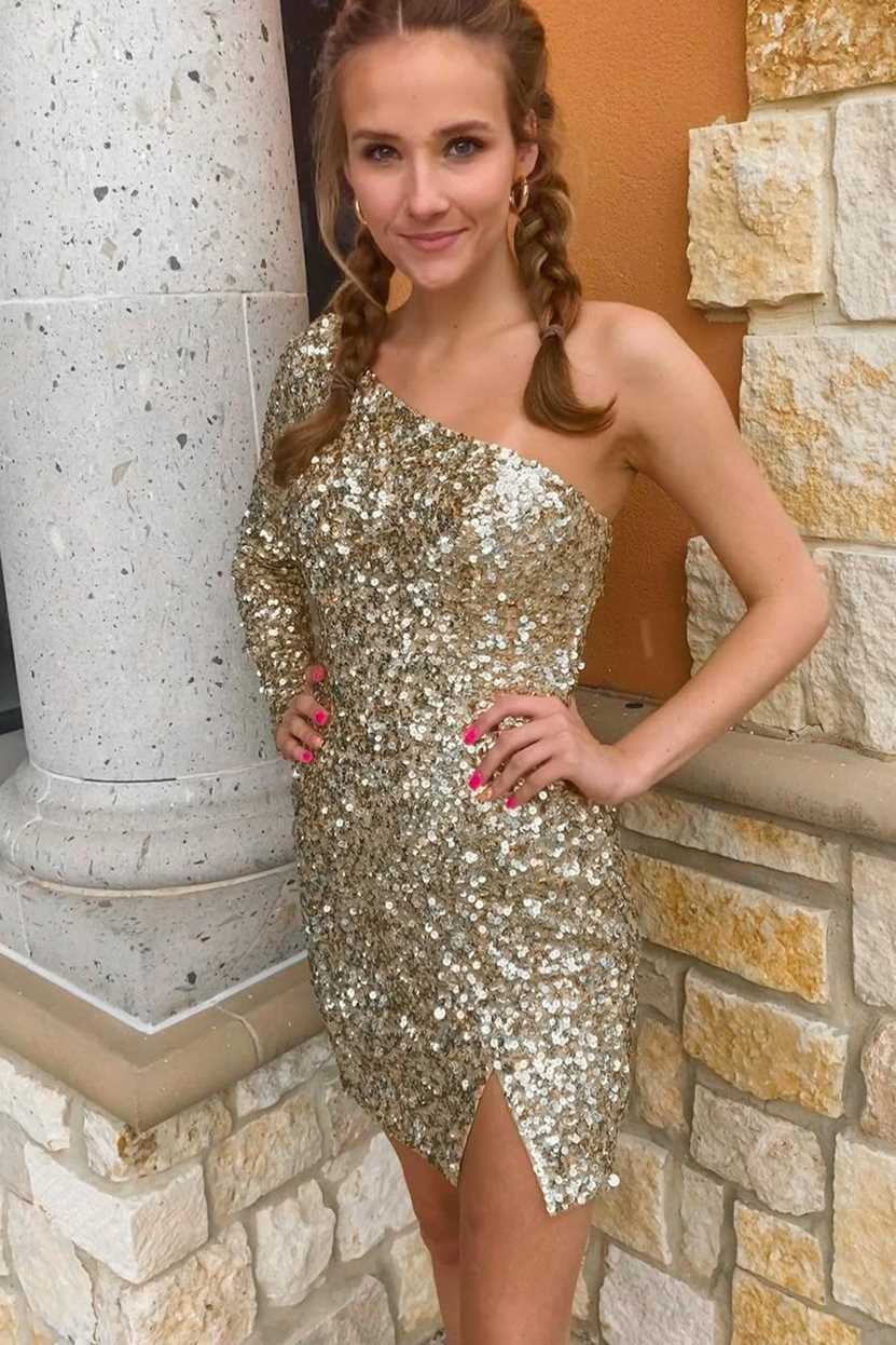 One Sleeve Hot Pink Sequins Party Dress