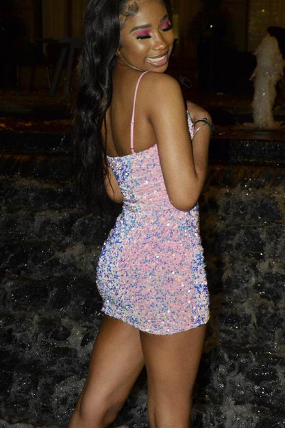 Spaghetti Straps Pink Sequins Bodycon Homecoming Dress