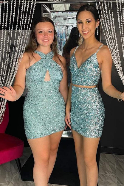 Orange Sequins Cross Front Mini Bodycon Dress