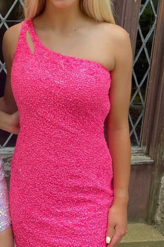 One Shoulder Sequins Bodycon Mini Dress with Keyhole