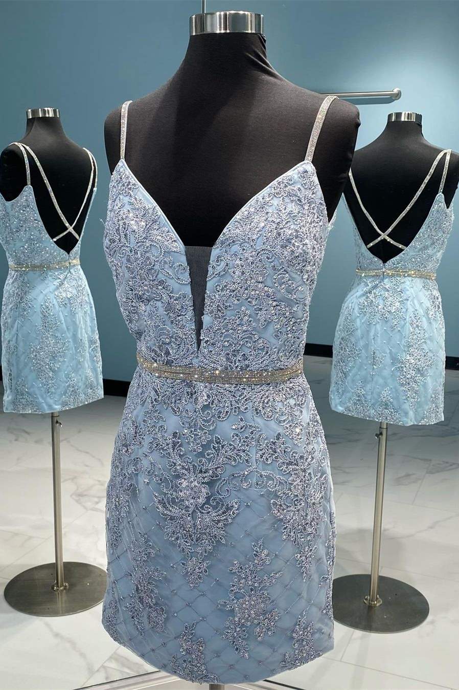 Straps Light Blue Embroidered Bodycon Party Dress