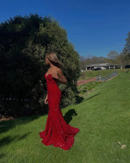 Aimishang Elegant Formal Dress Spaghetti Straps Red Sequin Mermaid Long Prom Dress Dresses Gowns Evening Dresses