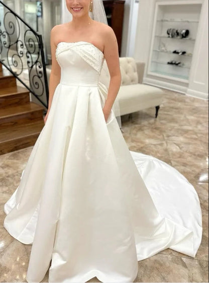 White Strapless Bow-Back Pearls A-Line Wedding Dress Off Shoulder Charming No With Wedding Veil And Gloves