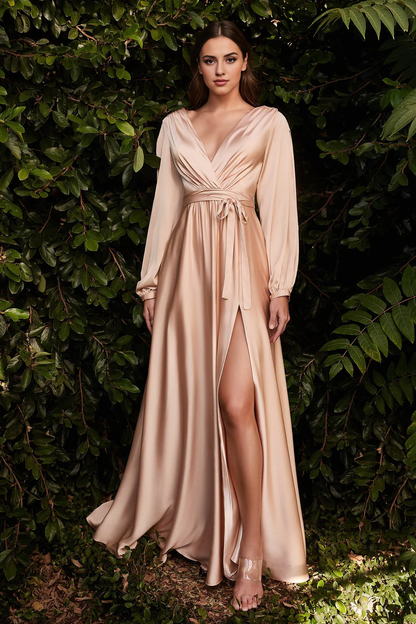 Aimishang Elegant Long Prom Dress Long Sleeve Satin Gown Bridesmaid Dresses Fall Wedding Guest Dress November Evening Party Dress