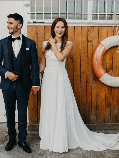 Simple A-line Chiffon Backless Sweep Train Wedding Dresses With Cap Sleeves Gown Elegant