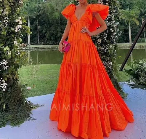 Aimishang Elegant Orange A Line V Neck Prom Dress Evening Party Dress Formal Wear Dress