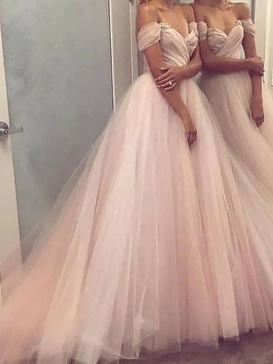 A-Line Minimalist Elegant Engagement Formal Evening Dress Off Shoulder Sleeveless Sweep / Brush Train Tulle with Pleats - RongMoon