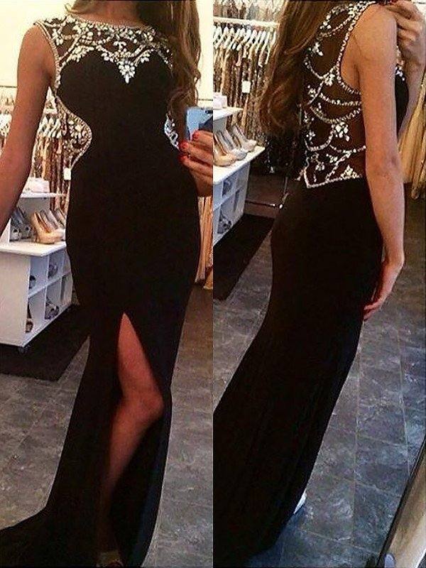 Sheath/Column Bateau Sleeveless Sweep/Brush Train Beading Spandex Dresses - RongMoon
