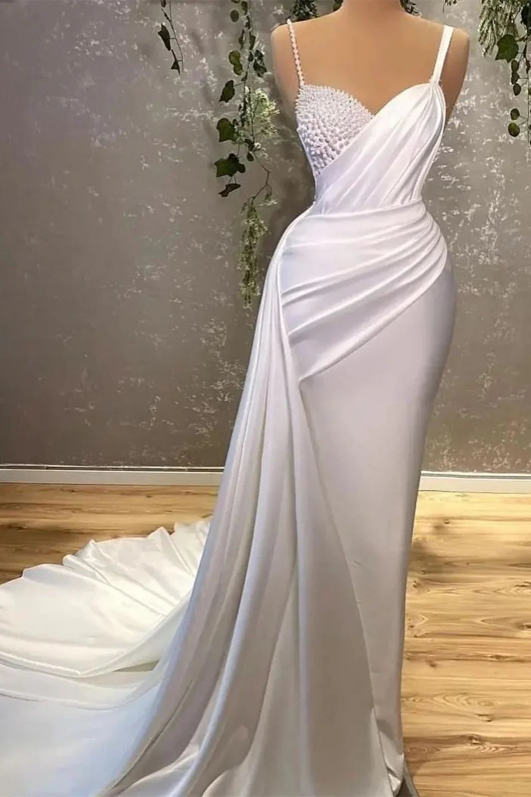White Spaghetti Strap Long Mermaid Evening Dress With Pearls Charming Wedding Dress