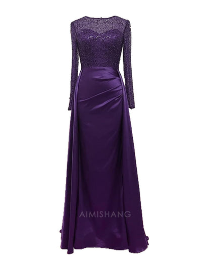 Aimishang Mermaid Sequin Evening Gown Ruched Satin Dress Long Sleeves Floor Length Sparkle Illusion Neck Fall Wedding Guest Dress with Pearls Overskirt