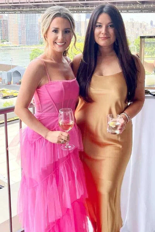 Aimishang Hot Pink Spaghetti Straps Tulle Tired Prom Dress Formal Graduation Party Dresses