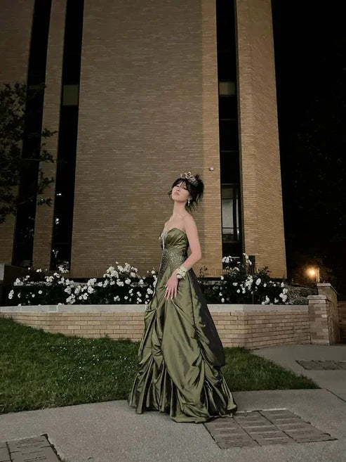 Aimishang Ball Gown Strapless Green Satin Long Prom Dress Charming Evening Party Dress