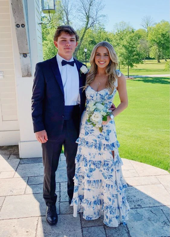 Aimishang Elegant Formal Wear Dresses Blue Floral A Line Layered Long Prom Dress Sweet Formal Party Dress