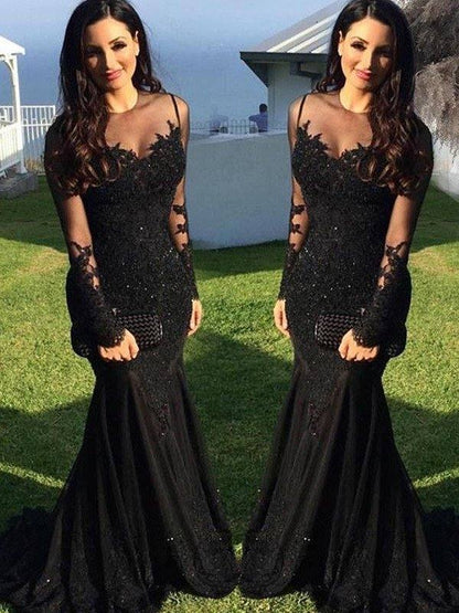 Trumpet/Mermaid Long Sleeves Sheer Neck Sweep/Brush Train Applique Spandex Dresses - RongMoon
