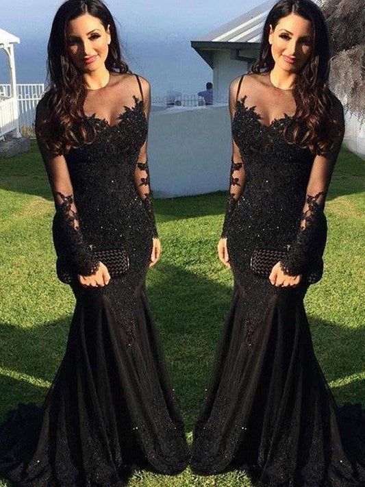 Trumpet/Mermaid Long Sleeves Sheer Neck Sweep/Brush Train Applique Spandex Dresses - RongMoon