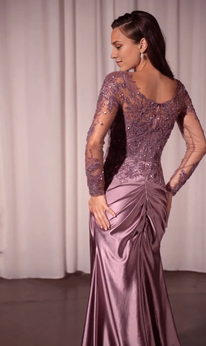 Aimishang Elegant Long Sleeve For Formal Applique Satin Long Prom Dress Charming Evening Party Dress With Slit