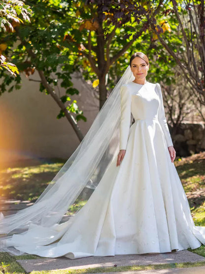 Embroidery A Line Ivory Satin Modest Long Sleeves Simple Wedding Dresses Elegant Wholesale