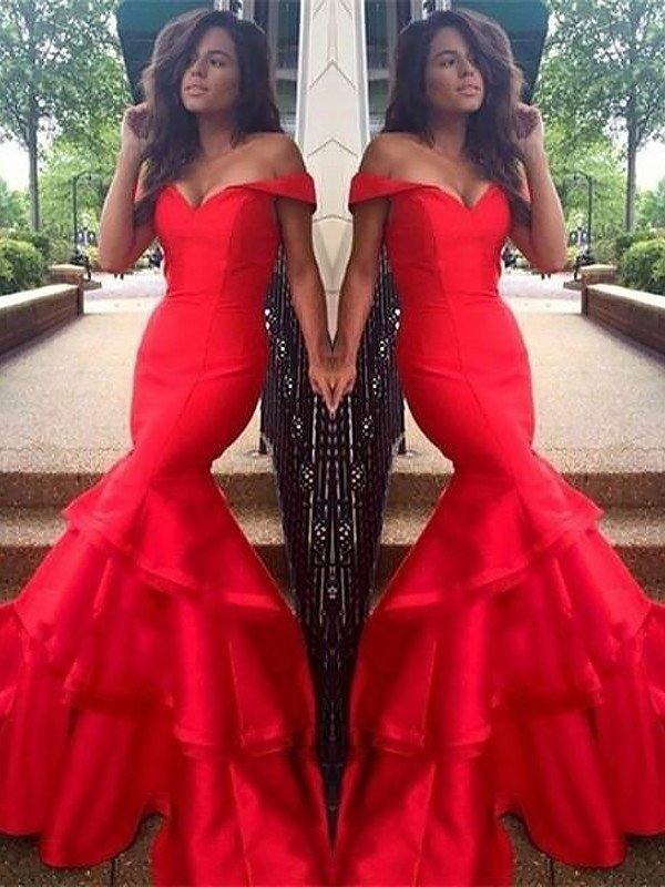 Trumpet/Mermaid Sleeveless Off-the-Shoulder Satin Layers Sweep/Brush Train Dresses - RongMoon