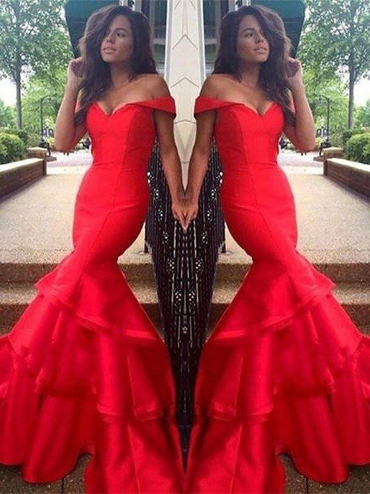 Trumpet/Mermaid Sleeveless Off-the-Shoulder Satin Layers Sweep/Brush Train Dresses - RongMoon