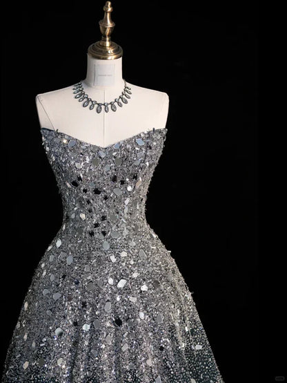Black silver gorgeous sparkling elegant galaxy long sequined tulle floor-length ball gown evening dress gh4378