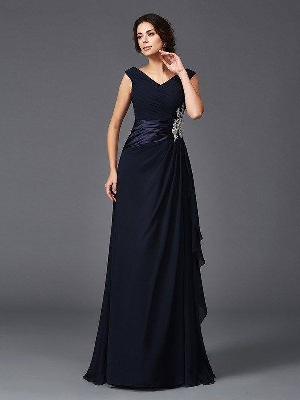 A-Line/Princess V-neck Applique Sleeveless Long Chiffon Mother of the Bride Dresses - RongMoon