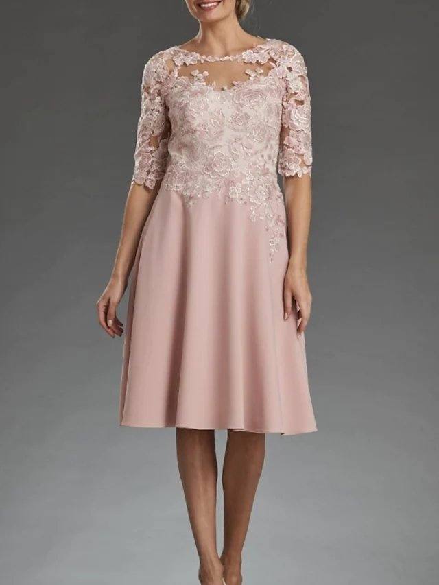 A-Line Mother of the Bride Dress Elegant Jewel Neck Knee Length Chiffon Lace Half Sleeve with Appliques - RongMoon