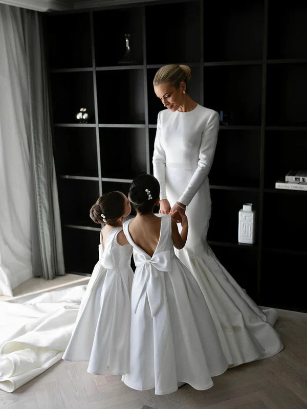 Grace Satin Long Sleeves Chapel Train Backless Mermaid Wedding Dress Simple Elegant
