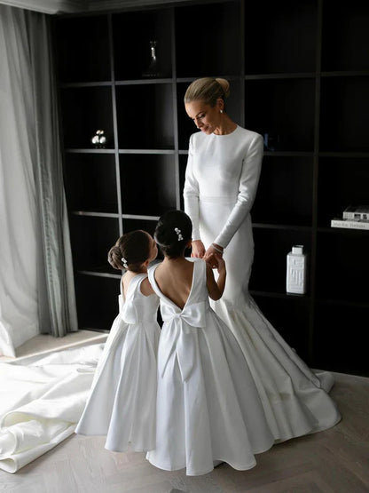 Grace Satin Long Sleeves Chapel Train Backless Mermaid Wedding Dress Simple Elegant