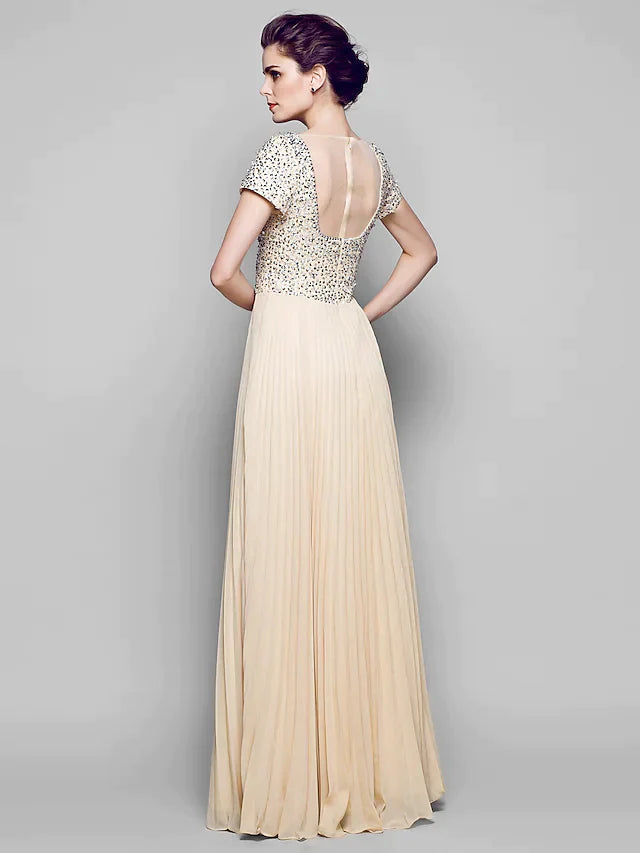 A-Line Mother of the Bride Dress Sparkle & Shine Bateau Neck Floor Length Chiffon Tulle Sequined Short Sleeve with Sequin