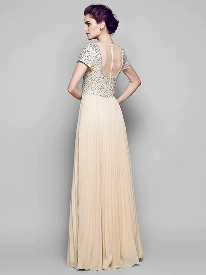A-Line Mother of the Bride Dress Sparkle & Shine Bateau Neck Floor Length Chiffon Tulle Sequined Short Sleeve with Sequin
