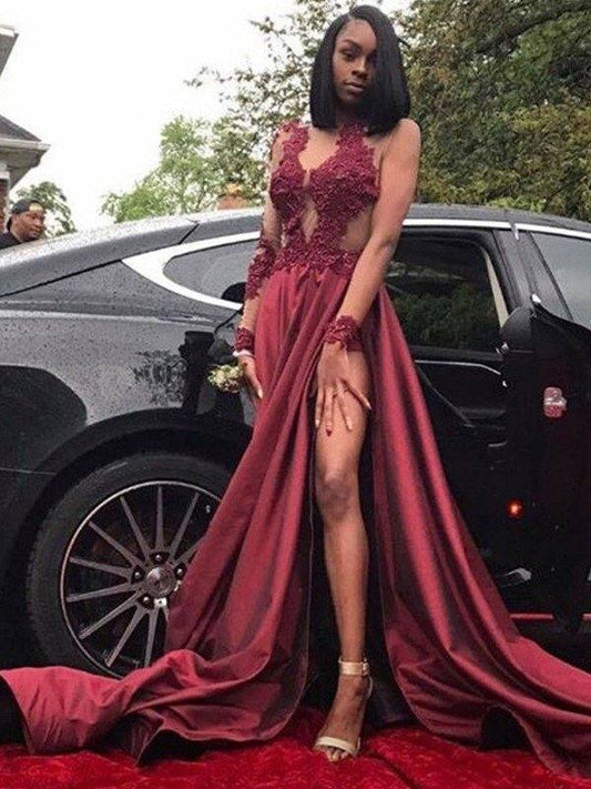 A-Line/Princess Long Sleeves V-neck Sweep/Brush Train Applique Satin Dresses - RongMoon