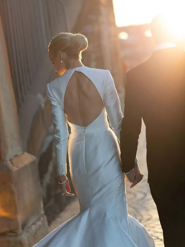 Grace Satin Long Sleeves Chapel Train Backless Mermaid Wedding Dress Simple Elegant