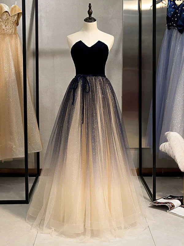Simple Shining Long Tulle Strapless Neckline A-line Prom Dresses Off Shoulder Charming Wholesale