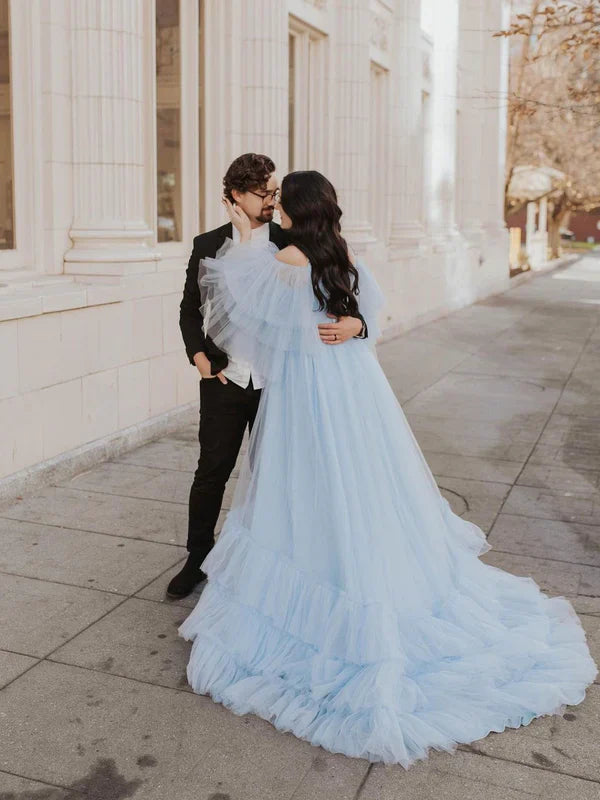 Elegant Spaghetti Straps Off-The-Shoulder Long Sleeves Tiered Tulle Sweep Train Prom Dresses Charming Wholesale