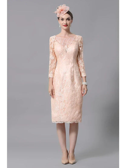 Mother of the Bride Dress Plus Size Sexy See Through Bateau Neck Knee Length Lace 3/4 Length Sleeve with Pleats Appliques