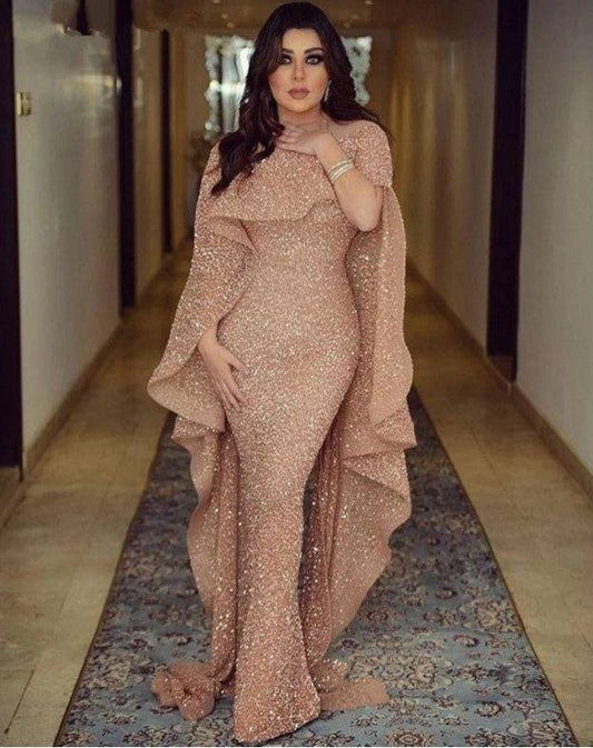 Sparkle Muslim Evening Dresses Mermaid High Collar Sequins Elegant Islamic Dubai Saudi Arabic Long Formal Evening Gown - RongMoon