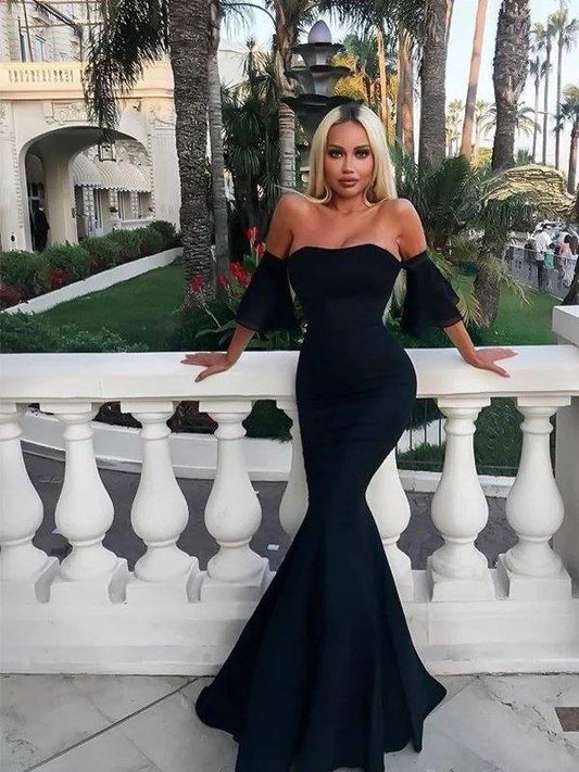 Trumpet/Mermaid Sleeveless Off-the-Shoulder Floor-Length Ruffles Stretch Crepe Dresses - RongMoon