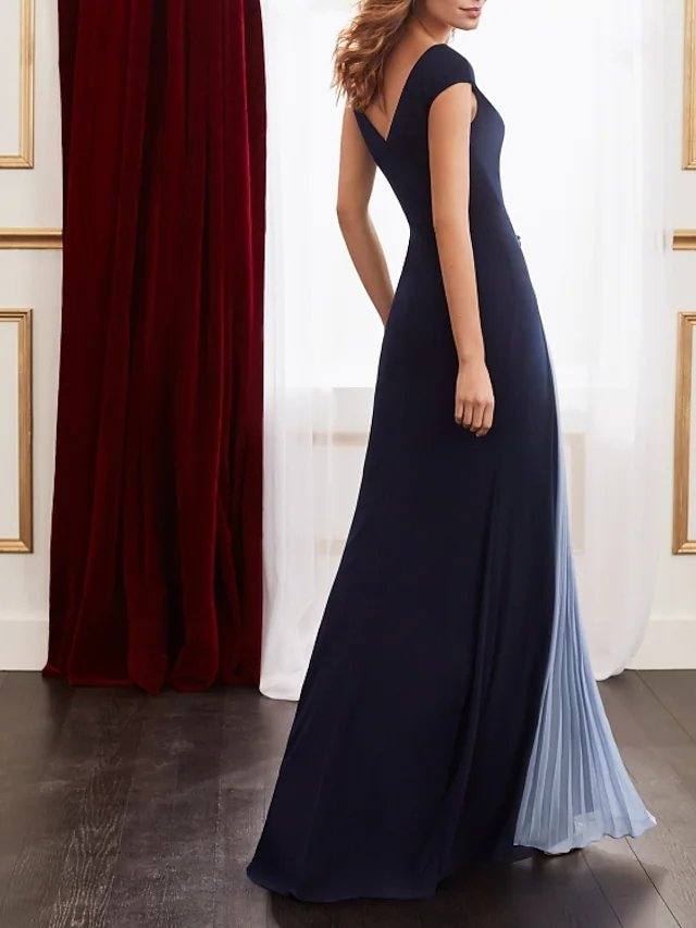 Sheath / Column Color Block Elegant Wedding Guest Formal Evening Dress V Neck Sleeveless Floor Length Spandex Chiffon with Pleats Beading - RongMoon