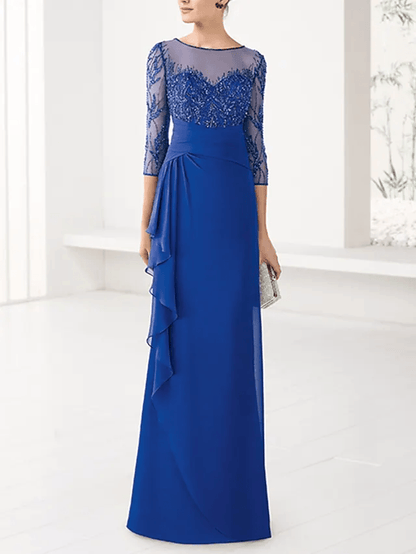 Sheath / Column Mother of the Bride Dress Elegant Jewel Neck Floor Length Chiffon Lace Tulle 3/4 Length Sleeve with Beading Appliques - RongMoon