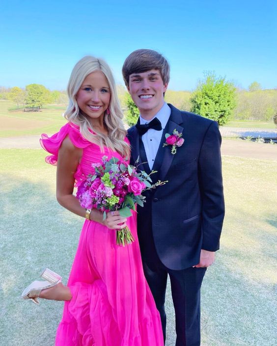 Aimishang Elegant Hot Pink Ruffle Shoulder Long Prom Dress Charming Evening Party Dress Graduation Dress