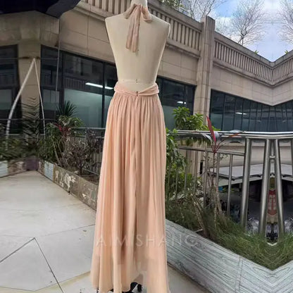 Aimishang Elegant Open Back V Neck Flowy Halter Long Prom Dress Sexy Evening Party Dress Fashion Women's Dresses