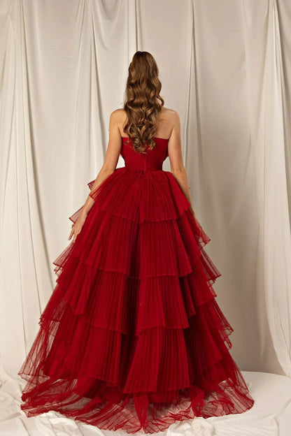 Burgundy Strapless Mermaid Sleeveless Layers Evening Dress Off Shoulder Prom Dress Wholesale