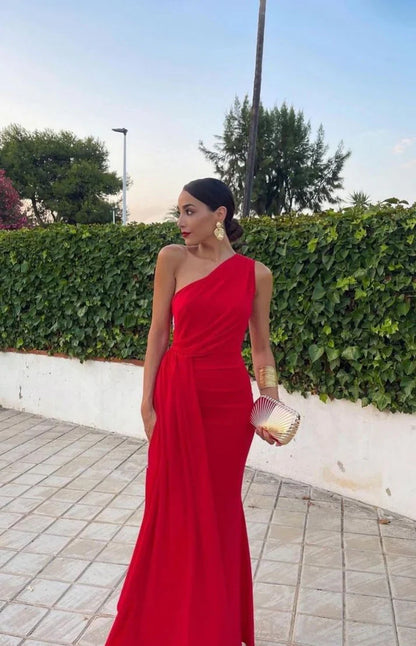 Aimishang Dress Wholesale Red Evening Party Dress Elegant Mermaid One Shoulder Prom Dress