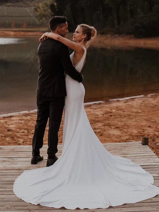 Elegant Mermaid Back-V Sleeveless Chapel Train Satin Appliqued Wedding Dresses Charming