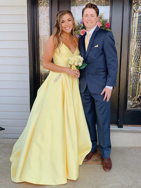 Modest Spaghetti Straps Satin Prom Dresses A-line Rhinestones Formal Dress Sexy Evening Dress