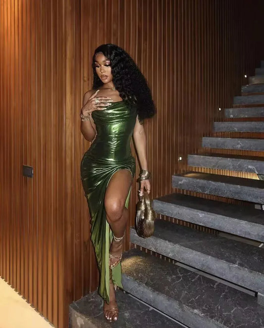 Aimishang Elegant Gowns Evening Dress Green Sheath Long Prom Dress With Slit Black Girl Party Dress