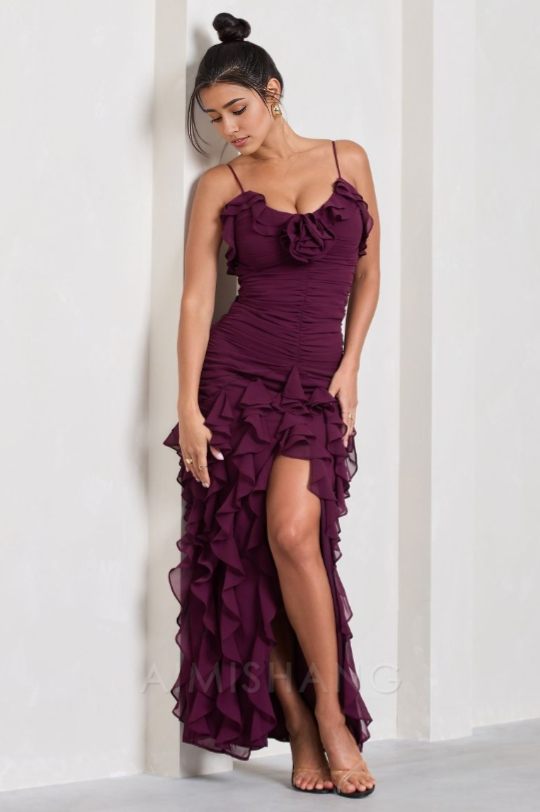Aimishang Elegant Gowns Evening Dresses Spaghetti Straps Chiffon Ruffle Evening Party Dress