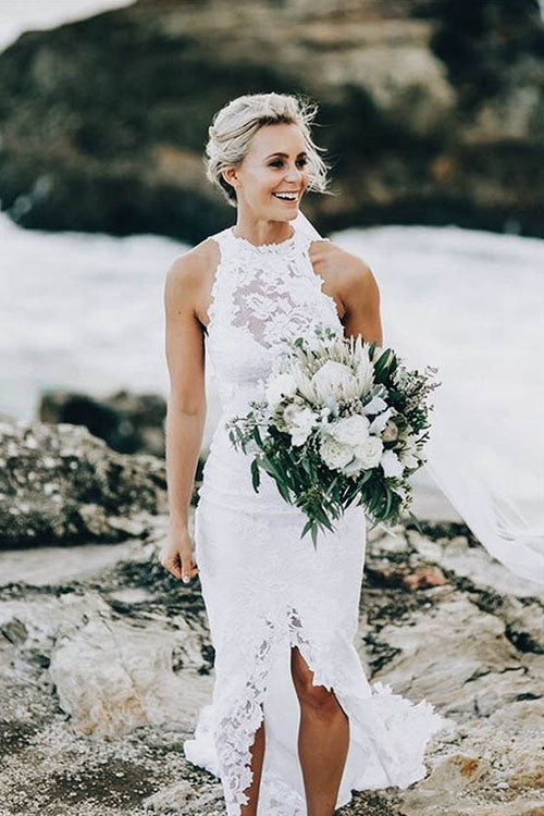 High Neck Sheath/Column Backless Lace Boho Wedding Dress with Long Train